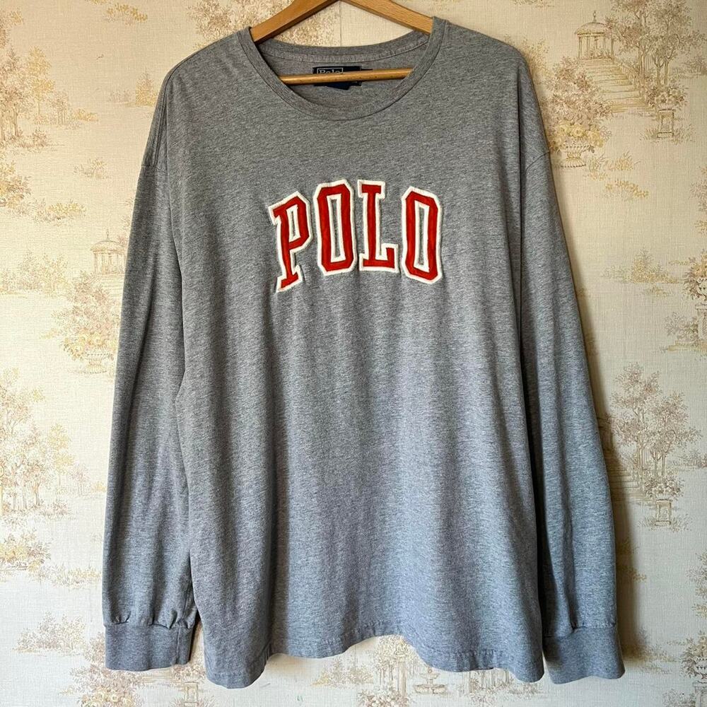 Vintage 90s Polo Ralph Lauren Embroidered Spellout Tee | Grey | Size 2XL